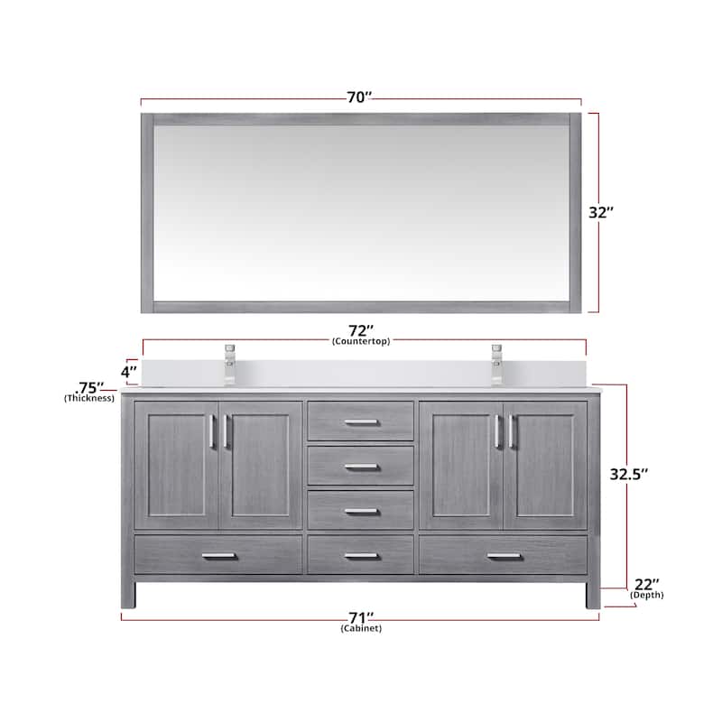 Jacques 72 in. W x 22 in. D White Bath Vanity, Cultured Marble Top, Faucet Set, and 28 in. Mirror