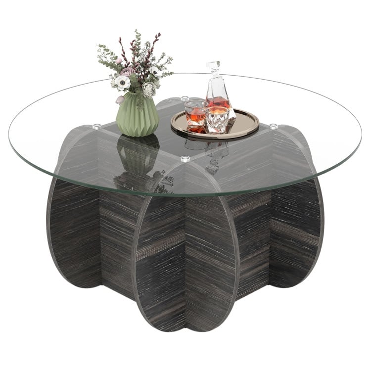 Black Tempered Glass Rubber Wood Round Coffee Table with Hidden Storage - 35" x 35" x 18"