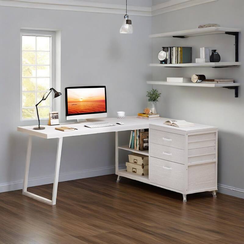 Reversible L Shaped Computer Desk with Drawers and Storage Shelves Modern White Finish Sturdy Home Office Workstation