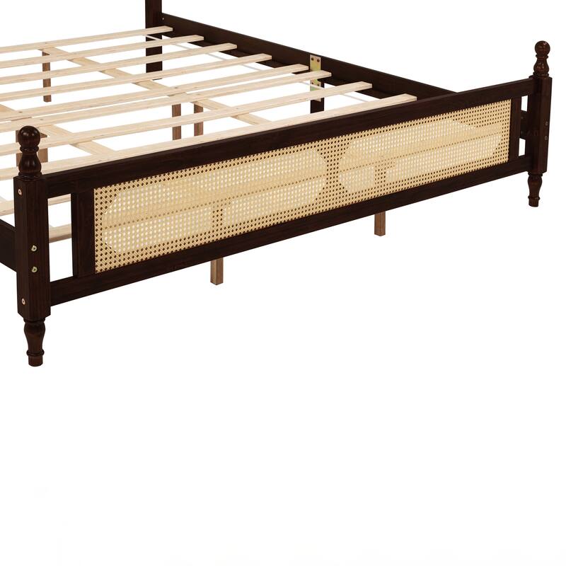 King Pine wooden Bed with Rattan Headboard and Footboard, with Central Enhanced Bed Platform