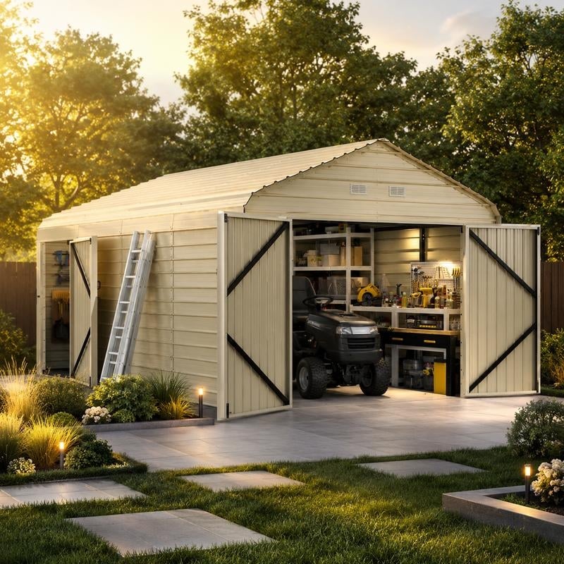 12 x 20 FT Heavy Duty Metal Garage Shed with Double Doors & Side Door, Outdoor Storage Building for Car - 12 x 20 Ft