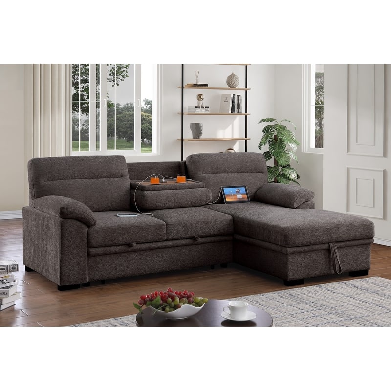 Kipling II 94"W Chenille Fabric Sleeper Sectional Sofa with Right-Facing Chaise, Cupholders, USB Charging port