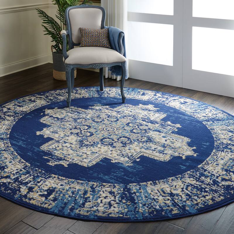 Nourison Grafix Distressed Vintage Medallion Area Rug - 8' Round - Navy Blue