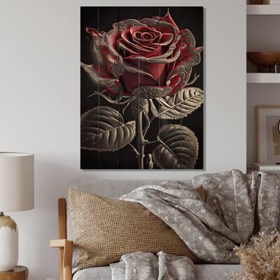 Designart 'Blossoming Rose In Red And Gray I' Floral Wood Wall Art - Natural Pine Wood