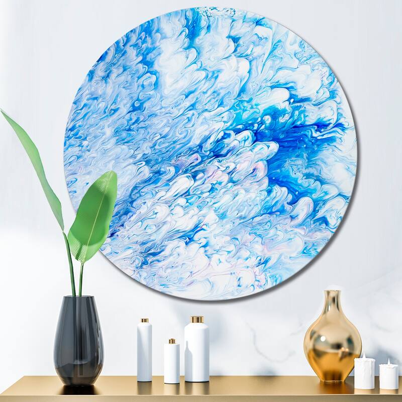 Designart 'Blue And White Liquid Marble Art' Modern Metal Circle Wall Art - 23x23 - Disc of 23 Inch
