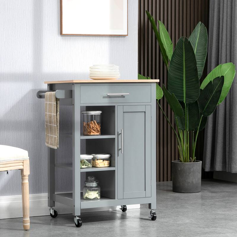 HOMCOM Compact Kitchen Island Cart on Wheels, Rolling Utility Trolley Cart with Storage Shelf & Drawer for Dining Room - Grey