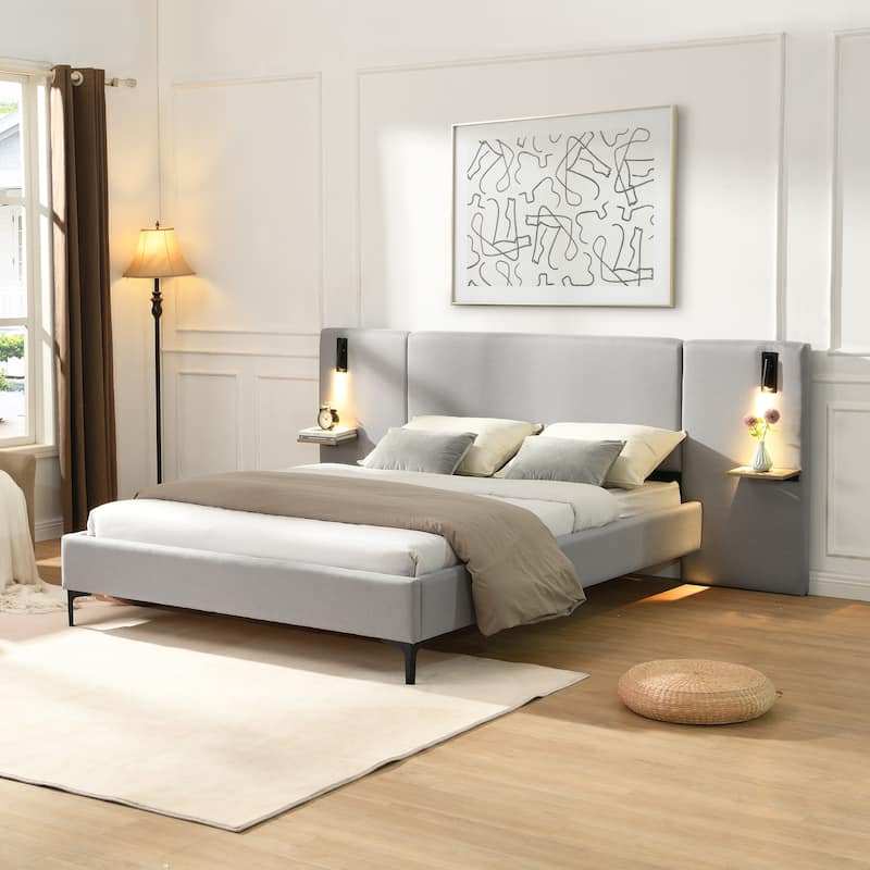 Christopher Knight Home - Elise Boucle Upholstered Bed with Integrated Lights and Shelves - Grey - Queen