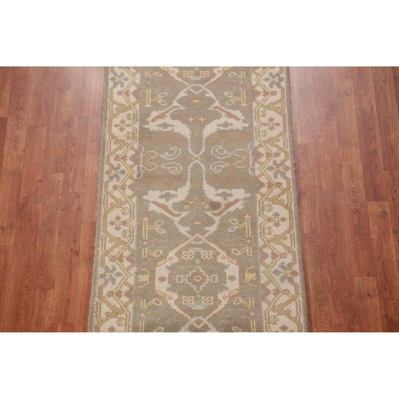 Light Brown Oushak Oriental Runner Rug Handmade Floral Wool Carpet - 2'8" x 10'0"