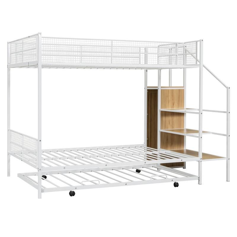 Twin Over Full Metal Bunk Bed with Built-In Storage Ladder and Wardrobe, Space-Saving Design
