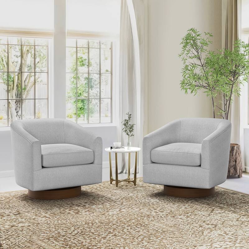 Modern Wooden Barrel Swivel Accent Chair Upholstery Armchair for Living Room - Light Gray - Set of 2