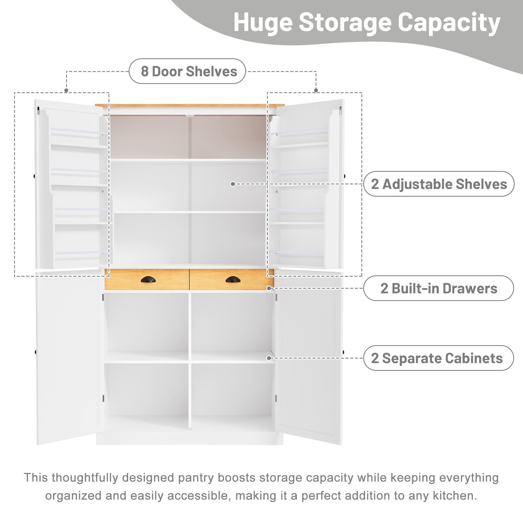 40.2X20X71.3 High Freestanding Kitchen Pantry Large Cupboard Storage Cabinet With 2 Drawers,2 Adjustable Shelves, 8 Door Shelves
