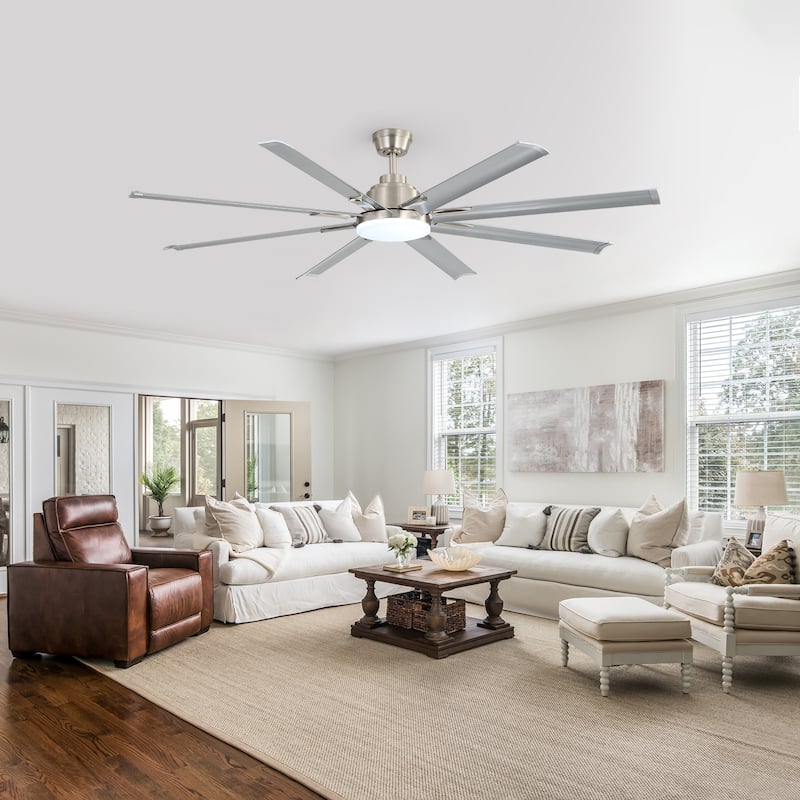 84-Inch DC Motor Ceiling Fan with Dimmable Light and 8-Blade Aluminum Silver Blades - Nickel