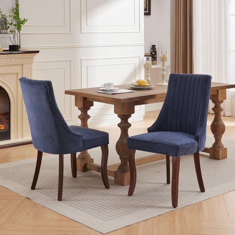 Set of 2 Modern Linen Upholstered Dining Chairs with High Back, Curved Wood Legs & Adjustable Feet - Blue
