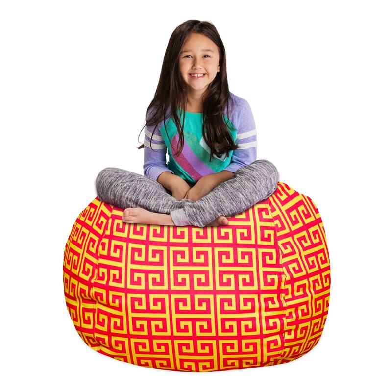 Kids' Stuffed Animal Storage Bean Bag Chair Cover or Toy Organizer - 38 Inches Large - Pattern Scrolls Red and Yellow