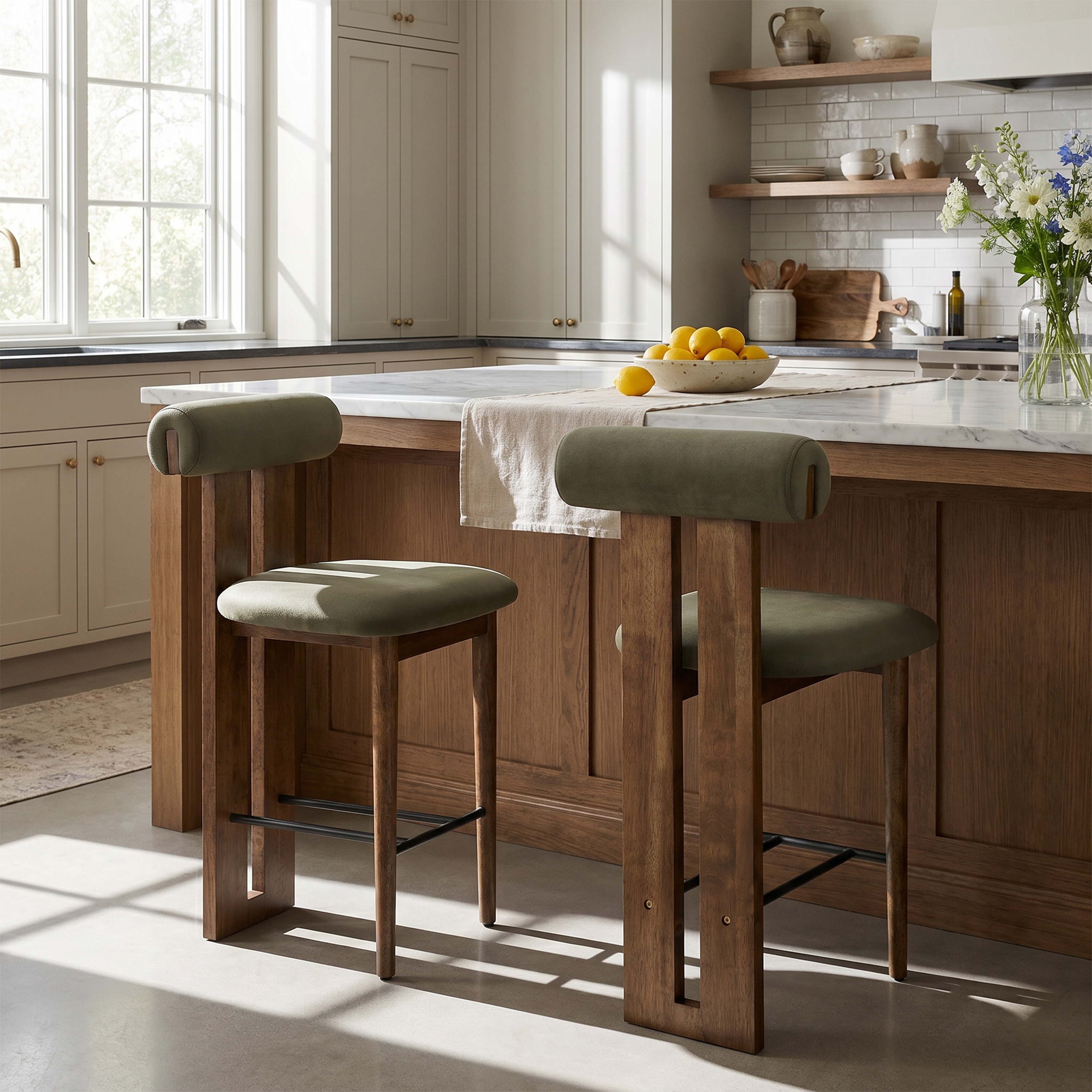 Christopher Knight Home - Renee Modern Set of 2 Bar Stools, Solid Wood Frame, Cloud-Top Upholstered Seat & Split-Back Design
