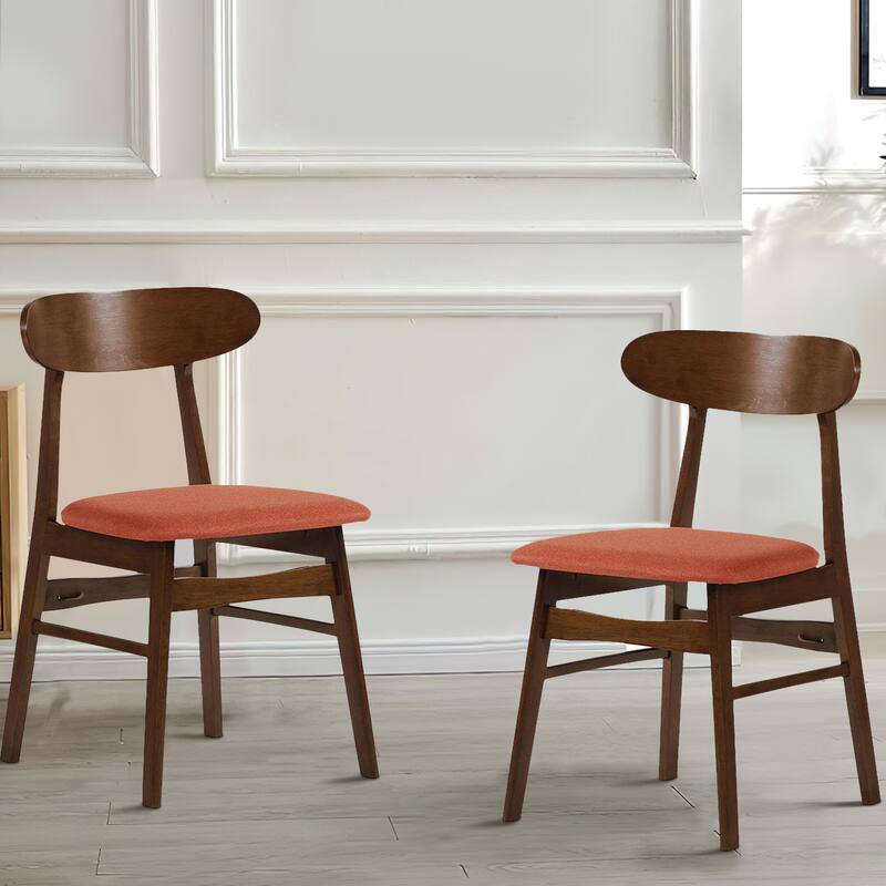 Bev 20 Inch Set of 2 Dining Chairs, Orange Cushions, Dark Brown Rubberwood