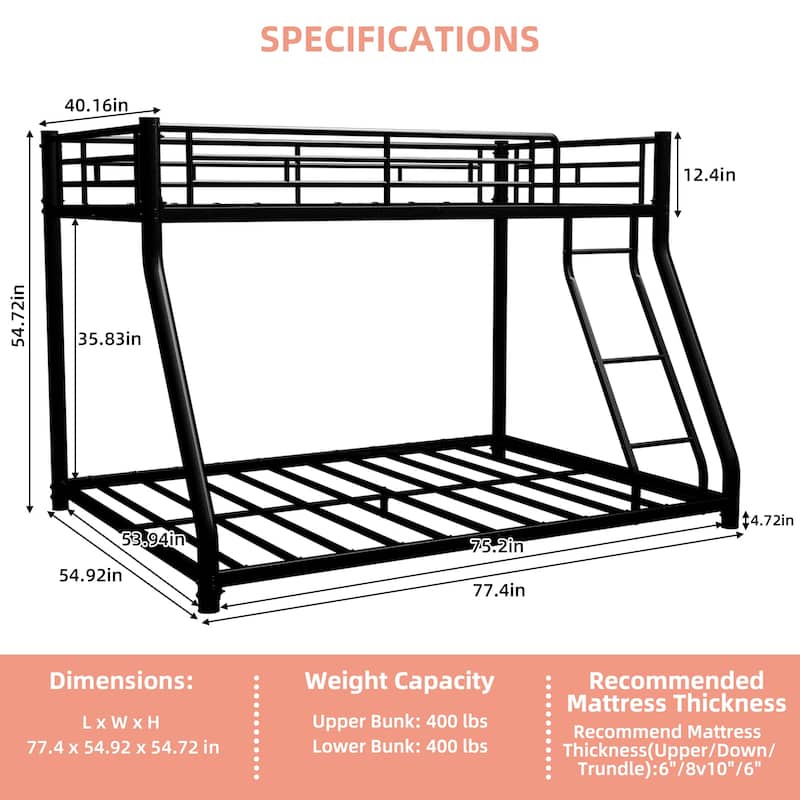 Twin Over Full Metal Bunk Bed, Heavy Duty Metal Bunk Bed Frame, with Ladder & Full-Length Guardrail, Noise Free