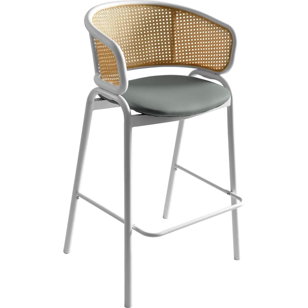 Ervilla Modern Leather Bar Stool with Curved Wicker Backrest and White Stainless Steel Frame for Dining Room or Kitchen Seating