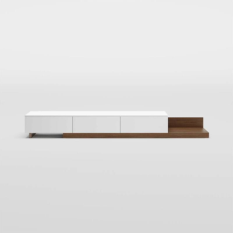 Modern Extendable TV Stand, Solid Wood Media Console for Up to 100 Inch TV with 3 Drawers, Fully-Assembled, Walnut Veneer