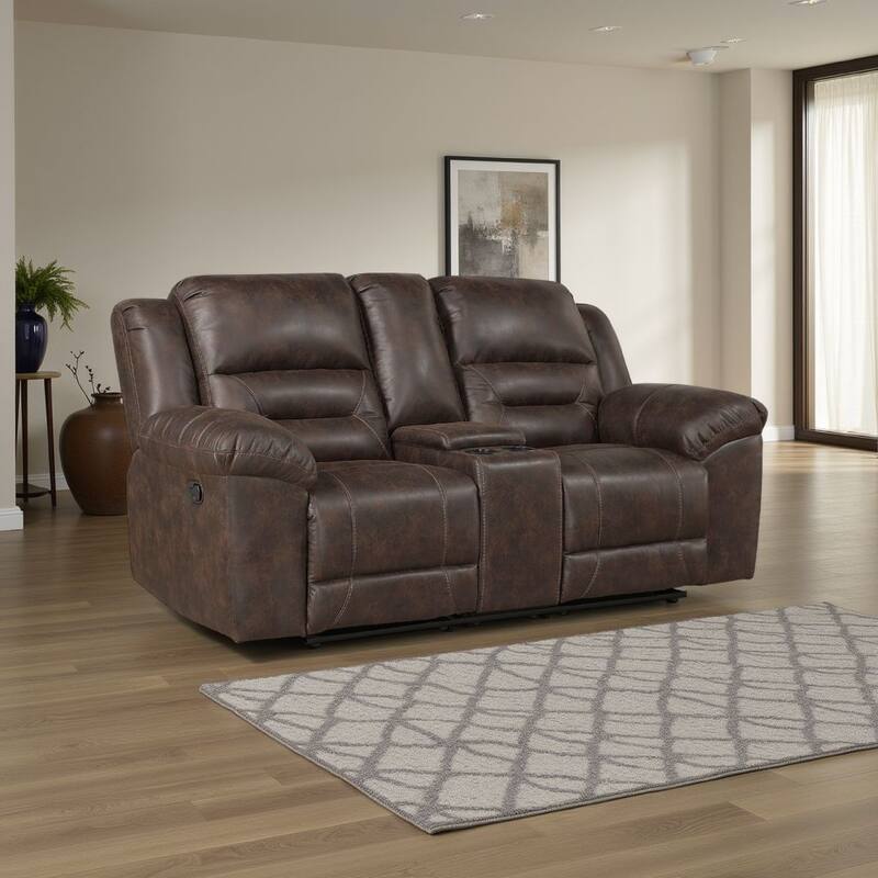 Henry Manual Double Reclining Loveseat, Console, Dark Brown Microfiber