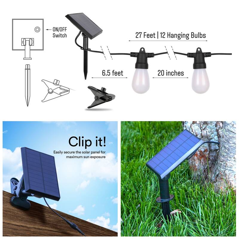Brightech Ambience Pro 12-Light 27 ft. Outdoor Solar 1W 2700k LED S14 Edison Flame Bulb String-Light