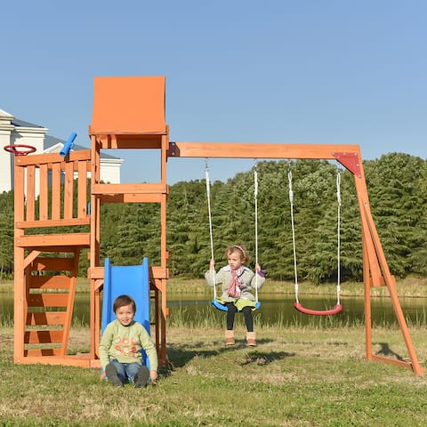 Wooden Swing Set with Slide, Climbing wall, Sandbox and Wood Roof