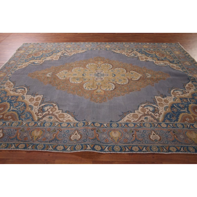 Blue Tabriz Persian Vintage Area Rug Handmade Living Room Wool Carpet - 8'0"x 11'7"