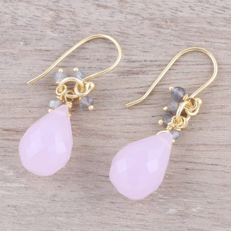 NOVICA Glittering Pink Drops, Gold plated rose quartz and labradorite dangle earrings - 1.4*0.4