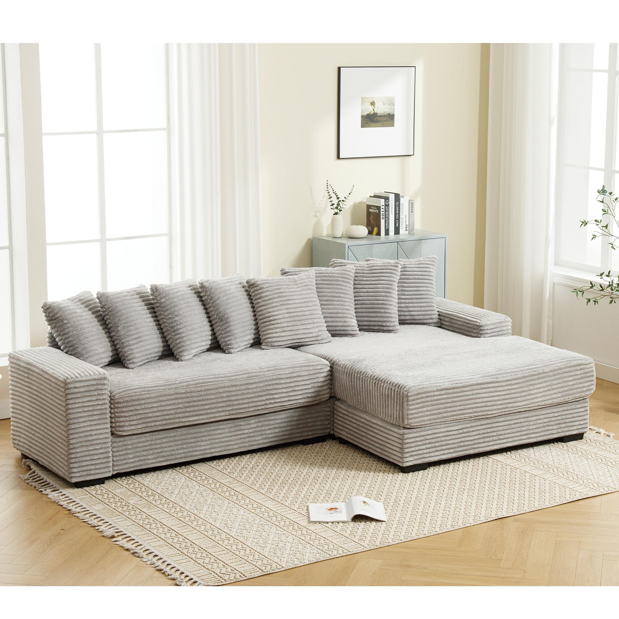 L Shaped Modular Sectional Sofa with Chaise, Oversized Corduroy Upholstered Sleeper Sofa, Floor Corner Sofa with Throw Pillows