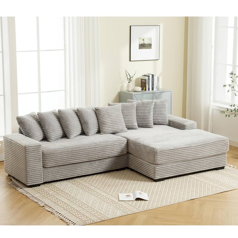 L Shaped Sectional Sleeper Sofa Corduroy Corner Sofa with Chaise Lounge and 8 Throw Pillows, Oversized Modular Daybed