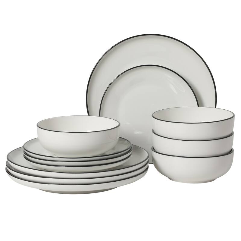 Gibson Home Havenstone 12-Piece Porcelain Dinnerware Set - Plates & Bowls, Classic White Everyday Dish Set - Asiana White