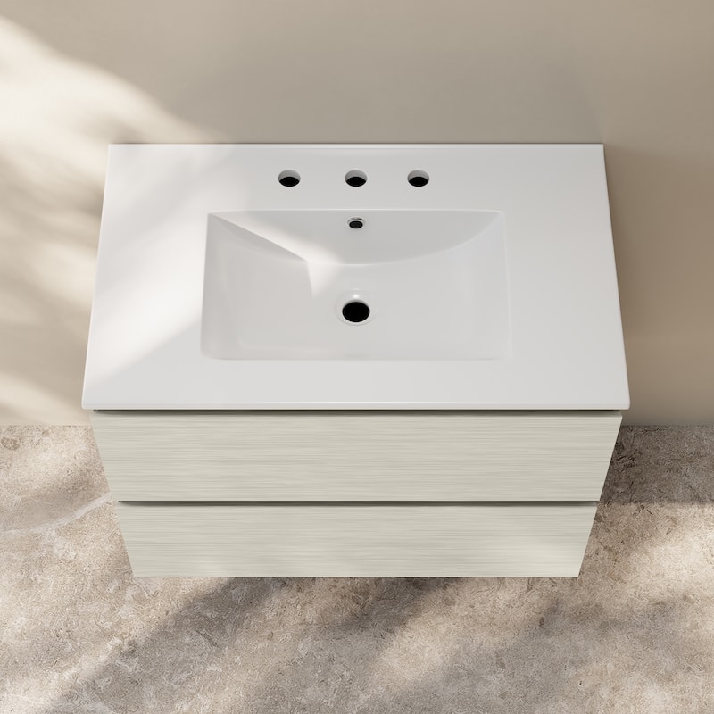 Liberte 30" Wall-Mounted Bathroom Vanity In White Oak With 3-Hole Widespread Sink Top - 30