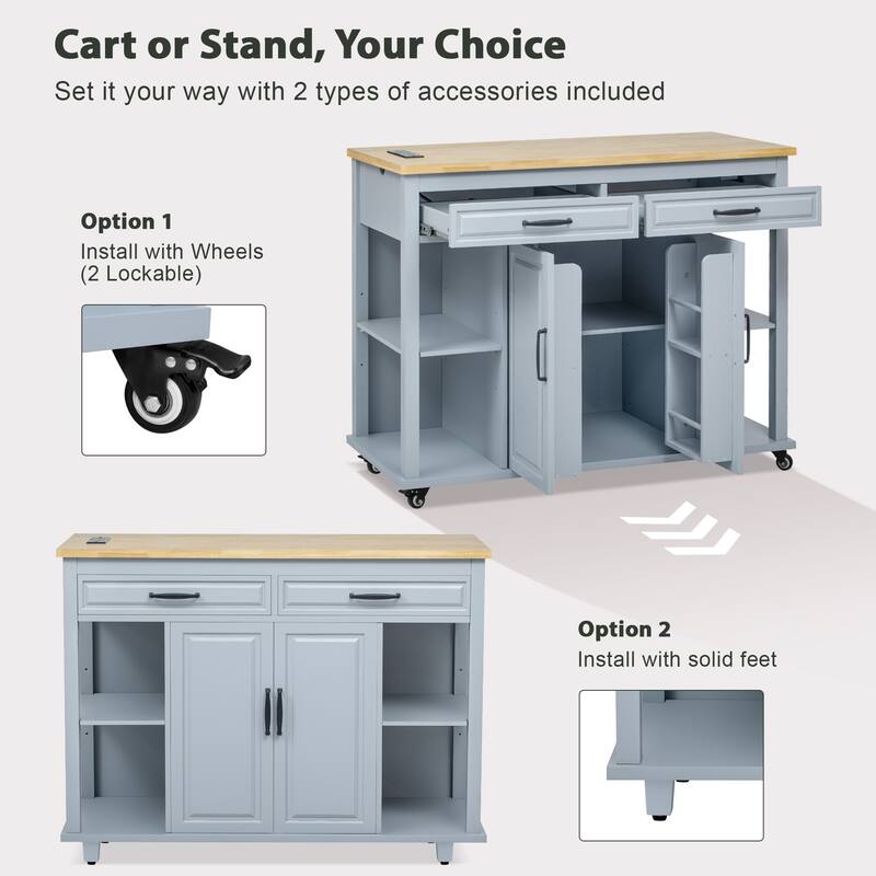 47" Wood Rolling Kitchen Island with Extendable Top,Rack,Power Outlet
