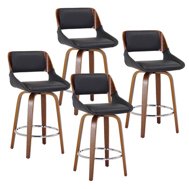 Mid-Century Faux Leather and Wood 26" Counter Stool with Swivel, Set of 4