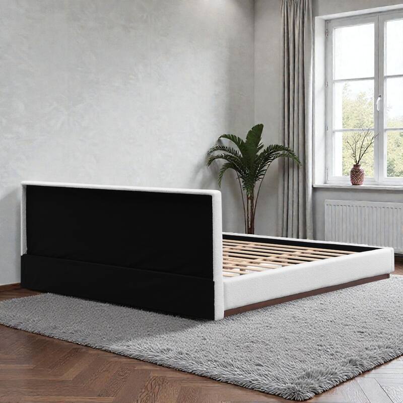 White Fabric Upholstered Bed with Boucle Headboard and Solid Wood Grain Base Frame, No Box Spring Needed