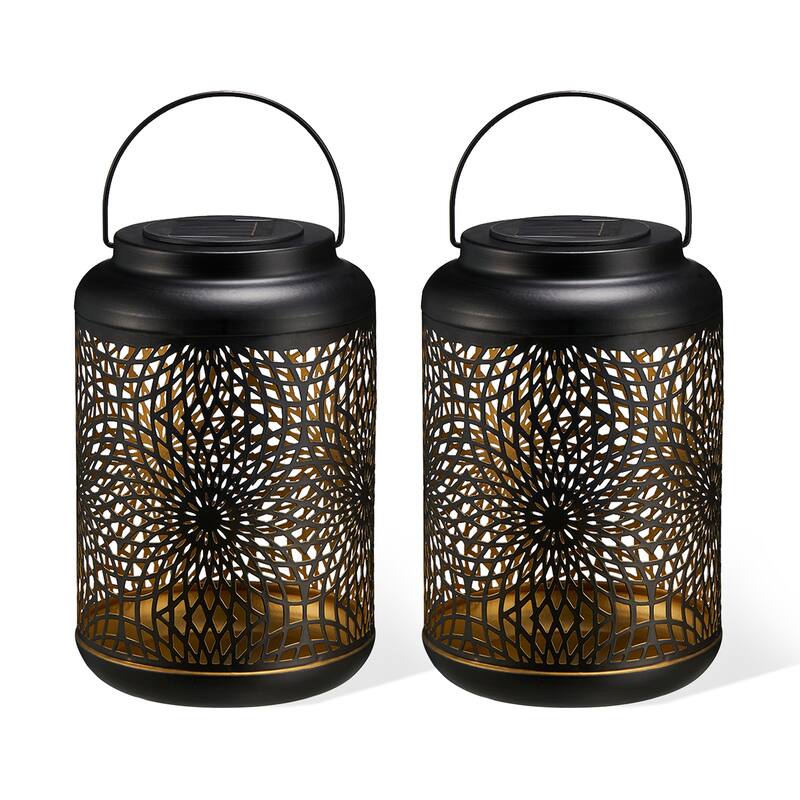 Glitzhome Set of 2 Metal Cutout Solar LED Outdoor Waterproof Hanging Lanterns - Black
