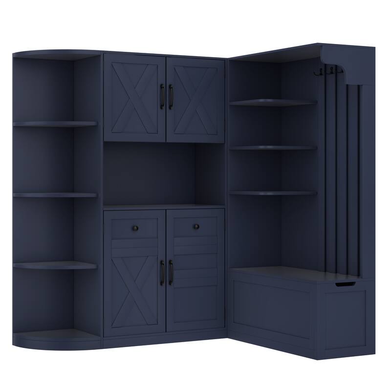 2-in-1 Hall Tree & Storage Cabinet for Living Room, Multifunctional Left-Right Combination Hall Cabinet with Bench and 4 Hooks