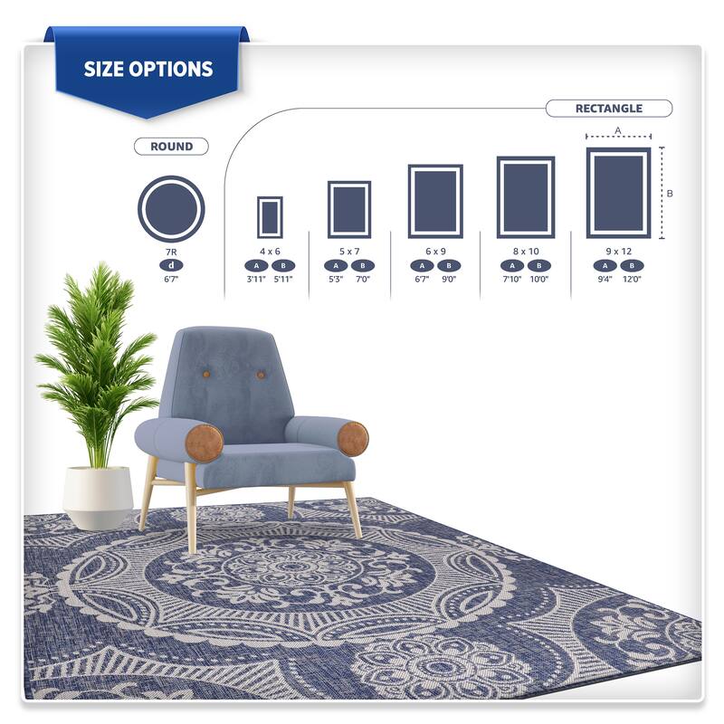 Beverly Rug Blue Medallion Indoor Outdoor Rug, Outside Carpet for Patio, Deck, Porch