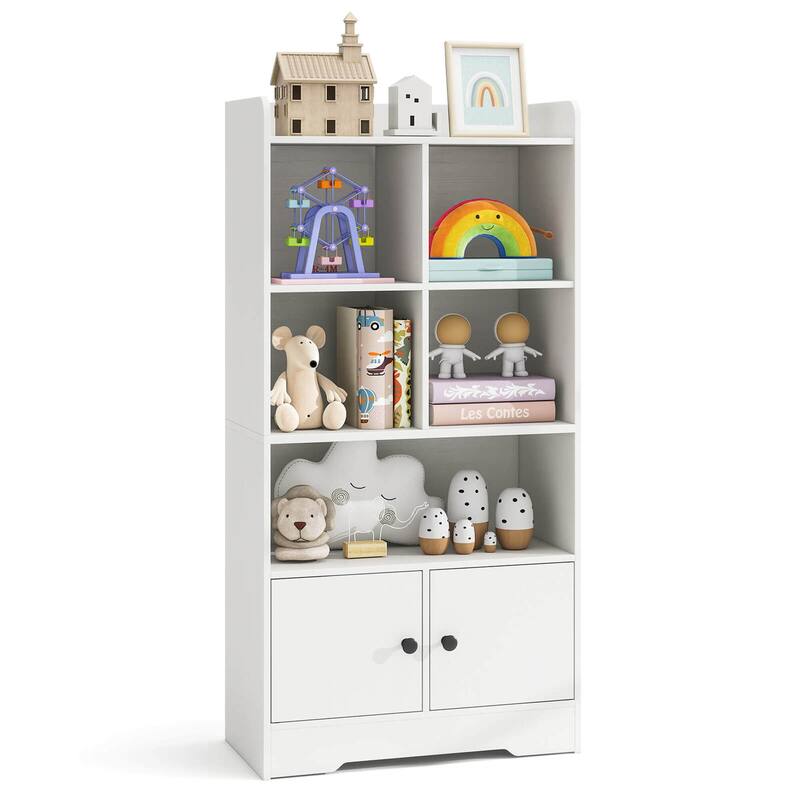 Costway Freestanding Bookshelf with Doors 2 Storage Cabinets and 5 - See Details - White - See Details
