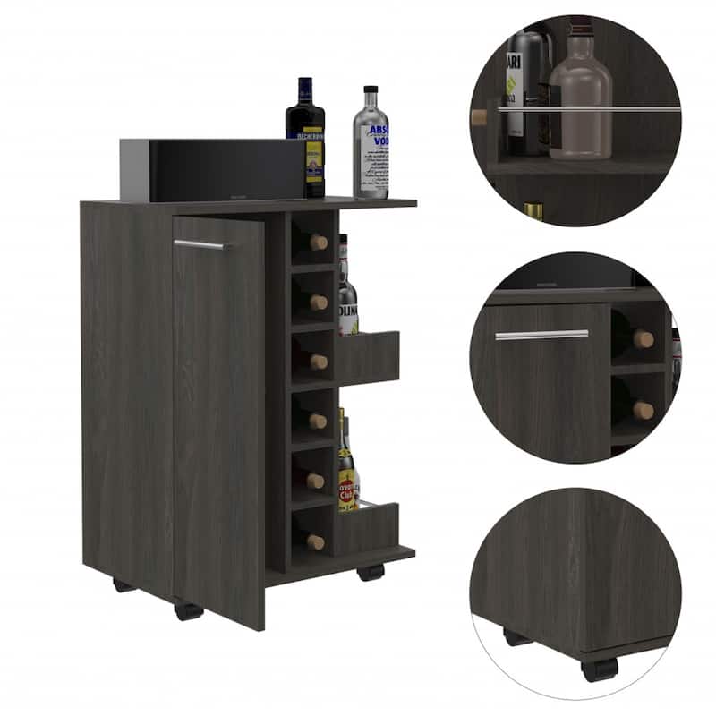 Rolling Bar Cart with Wine Rack and Storage Cabinet on Wheels for Home - 23.7 x 14.8” x 32.4”