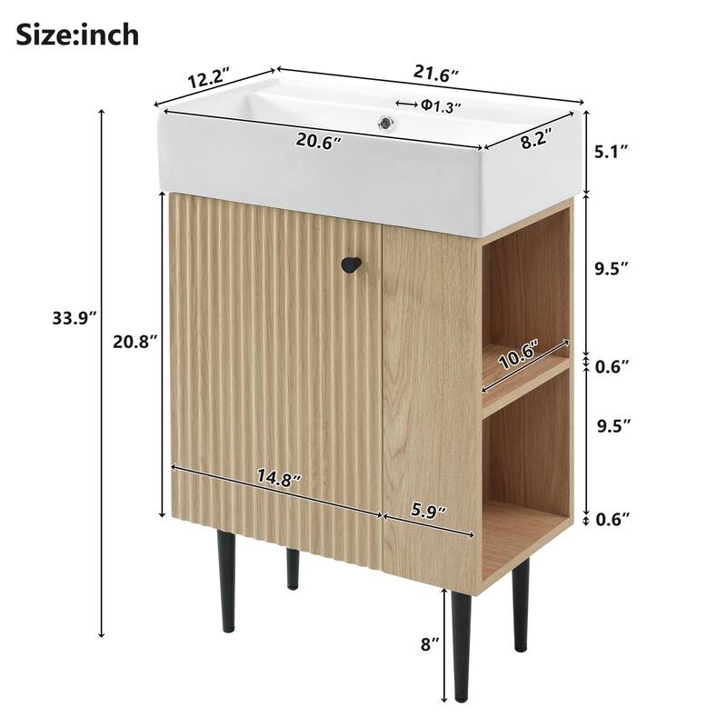 Wood Bathroom Vanity with Sink, Freestanding Single Basin Cabinet, Bathroom Cabinet with Textured Front & Side Storage Shelf
