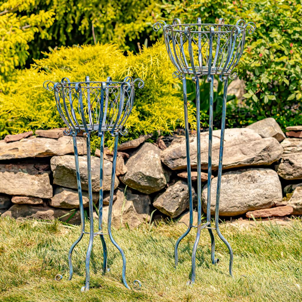 Set of 2 Tall Iron Basket Plant Stands in Antique Blue - Large