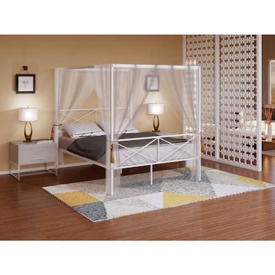 Bohemian Bed Frame with Canopy - Metal Platform Bed - Modern Headboard & Footboard - White Finish