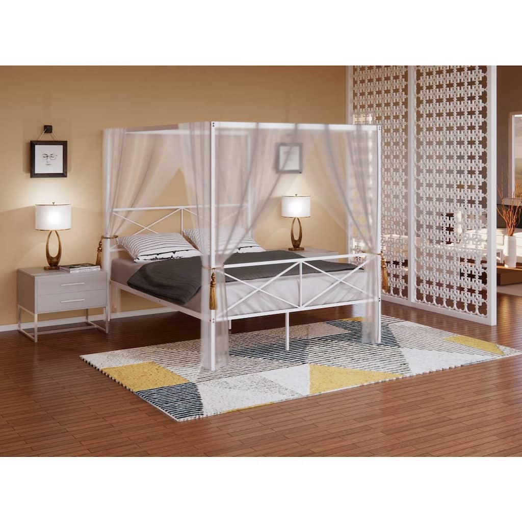 Bohemian Bed Frame with Canopy - Metal Platform Bed - Modern Headboard & Footboard - White Finish