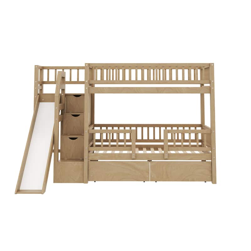 Twin Over Twin Bunk Bed with Storage Staircase, Slide and 2 Drawers