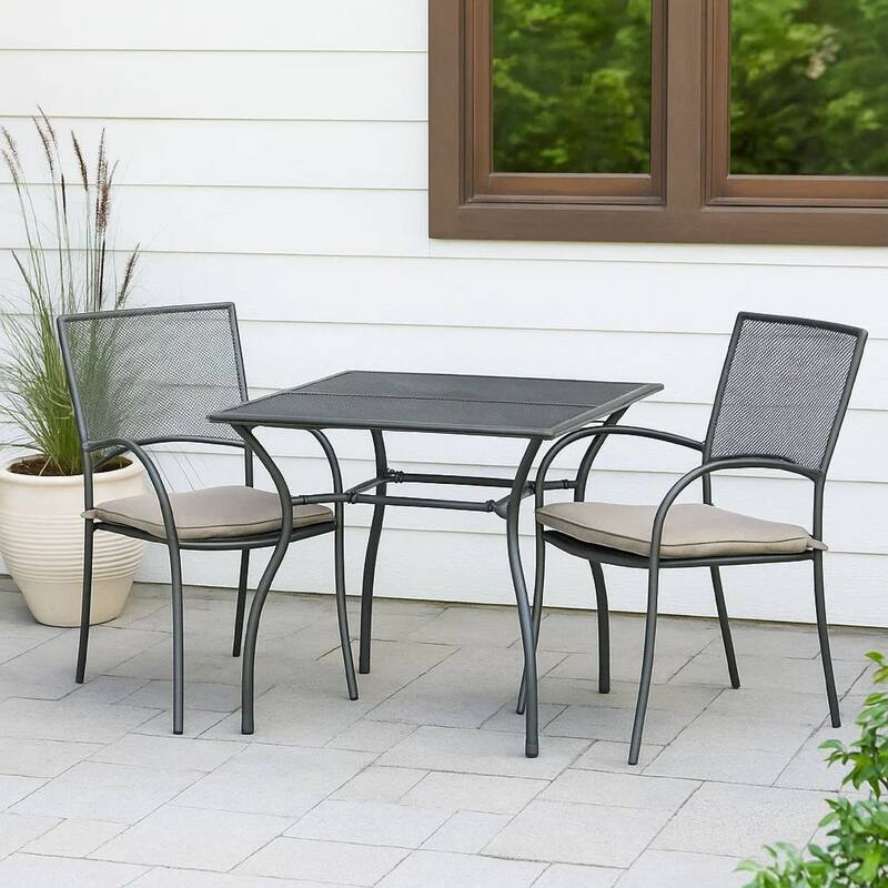 Outdoor Patio Dining Table, 35 Inch Square Mesh Top Classic Gray Metal