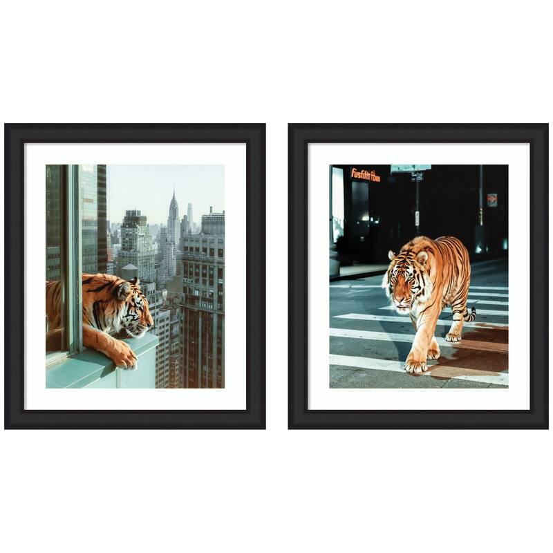 Kate and Laurel Urban Tiger City 2 Piece Framed Wall Art Print Set by Michael Schauer - 2 Piece Set 23x27 - Black