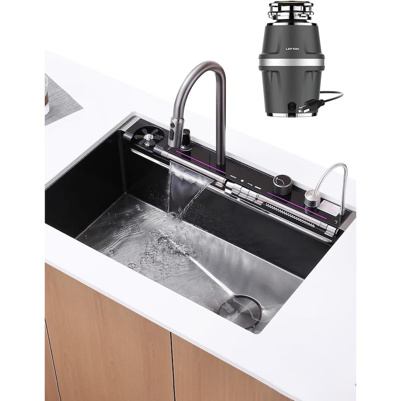 Lefton New 33"x22" Stainless Steel Waterfall Kitchen Sink with Temperature Display in Fahrenhei, KS2207L-PRO - 33" x 22" - 33"x22"(with3/4HP Garbage Disposal)