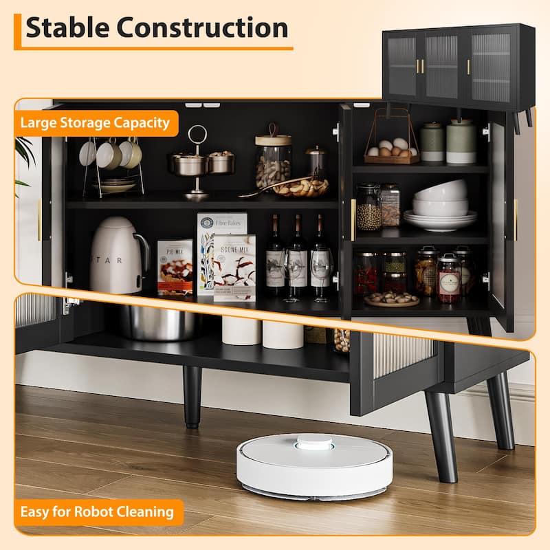 Sideboard Buffet Cabinet, 48" Kitchen Sideboard Cabinet with 3 Fluted Glass Doors Removable Shelves