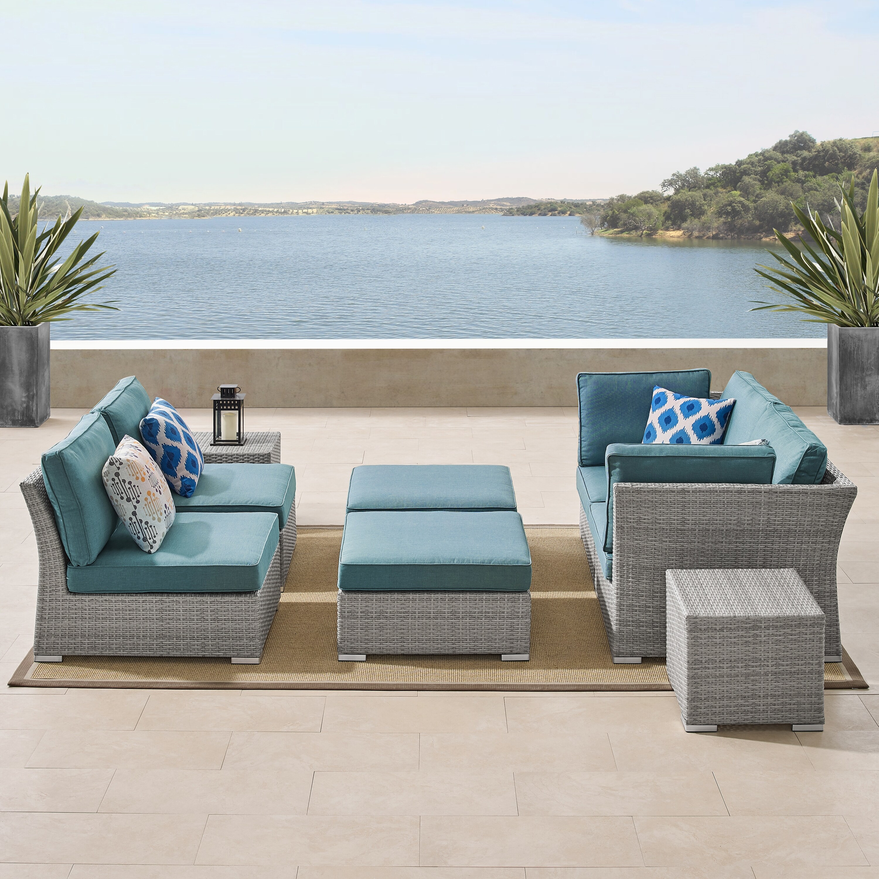Shop Corvus 8 Piece Grey Wicker Patio Conversation Set With Blue Cushions On Sale Overstock 12653586 Blue